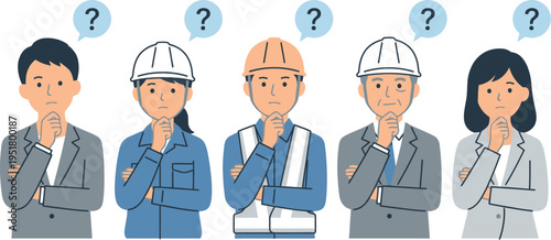 Diverse workforce team of engineers and business professionals expressing confusion and uncertainty for workplace problem solving concept