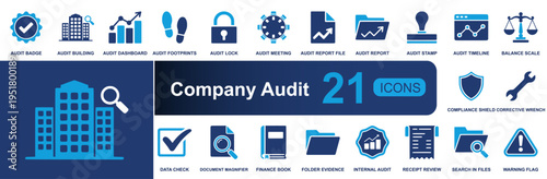 Company audit icon set. Containing badge, dashboard, footprints, report, stamp, timeline, shield, data check, receipt review, warning, compliance and more. Solid vector icons collection.