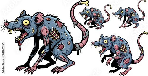 Set of 4 zombie rat vector illustrations