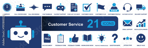 Customer service icon set. Containing call center, chatbot, complaint, profile, email support, FAQ, feedback, knowledge, rating, smiley, delivery and more. Solid vector icons collection.