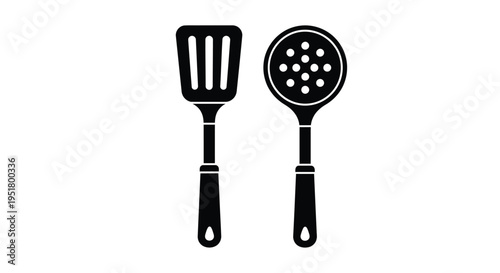Black silhouettes of a spatula and slotted spoon on white background