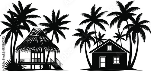 Tropical beach house with palm trees and sunset silhouette tropical house