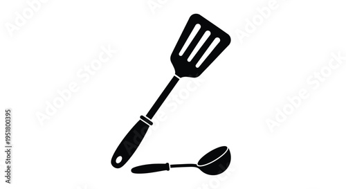Black kitchen utensils including a spatula and ladle in silhouette