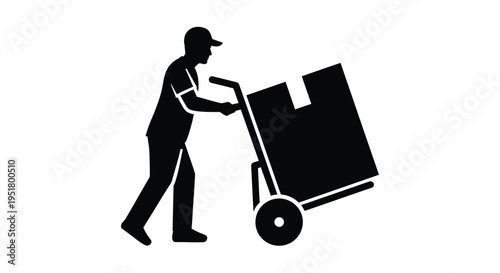 Worker pushing a hand truck with cardboard box simple silhouette