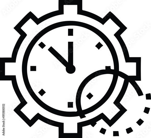 Efficient time management icon featuring a clock inside a gear with continuous process indication