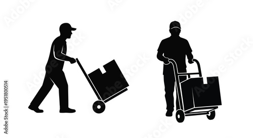 Two delivery workers with hand trucks a striking black silhouette