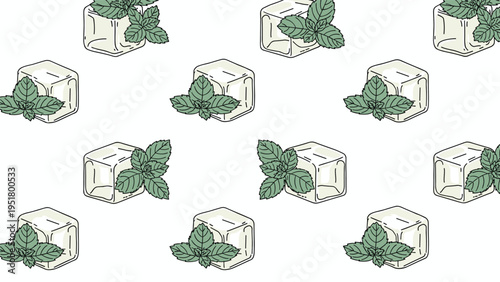 Refreshing seamless pattern featuring hand-drawn ice cubes adorned with fresh green mint leaves, perfect for cool beverage and summer themes.