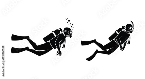 Two scuba divers swimming underwater depicted in a striking silhouette
