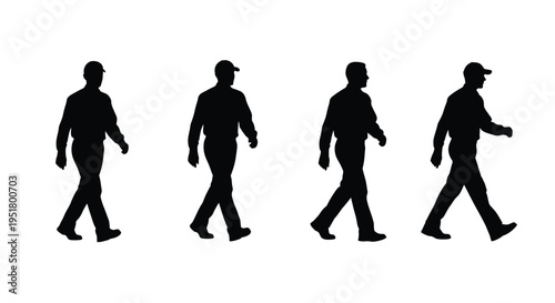 Four men walking in a row depicted as a stark silhouette