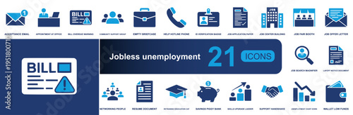 Jobless unemployment icon set. Containing acceptance email, bill warning, hotline, job search, layoff notice, resume, savings, support, low funds and more. Solid vector icons collection.