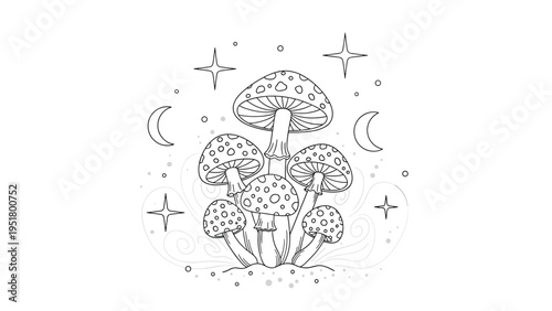 Enchanting line art illustration depicting a cluster of mystical stylized mushrooms surrounded by twinkling stars and crescent moons, exuding a magical aura.