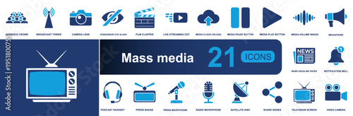 Mass media icon set. Containing broadcast, camera, streaming, cloud upload, play, volume, megaphone, news, podcast, microphone, satellite, television and more. Solid vector icons collection.