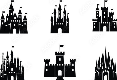 Castle silhouettes set with medieval fantasy buildings, fairytale fortress icons collection, black vector illustration isolated, architecture symbols for design and branding