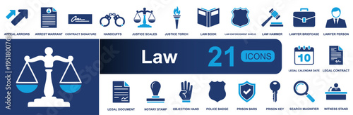 Law icon set. Containing appeal, warrant, contract, handcuffs, scales, law book, briefcase, calendar, document, notary, badge, key and more. Solid vector icons collection for legal design.