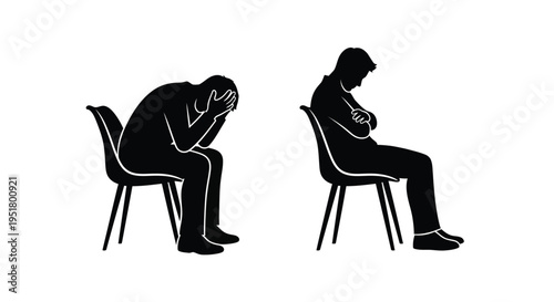 Two figures express sadness and despair in a stark black silhouette