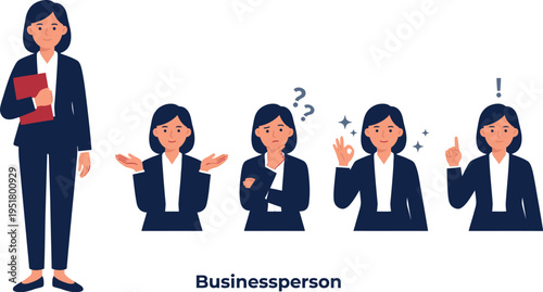 Businesswoman character pose and emotion set for corporate presentations explainer videos and professional communication design assets