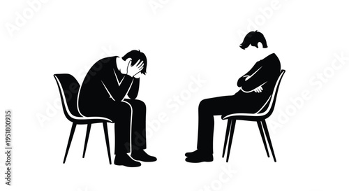Two people in therapy session one distressed a stark silhouette
