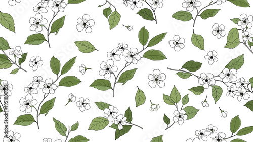 Delicate seamless pattern featuring randomly scattered flowering branches adorned with small white blossoms and fresh green leaves, perfect for spring.