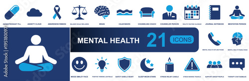 Mental health icon set. Containing pill, anxiety, brain, counseling, routine, meditation, hotline, therapy, sleep, stress relief, support group and more. Solid vector icons collection.