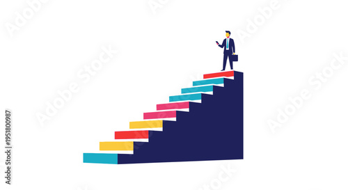 Confident male executive reaching peak career growth and professional success through strategic digital business solutions