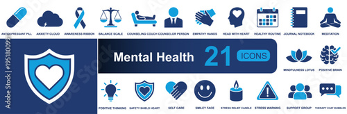 Mental health icon set. Containing pill, anxiety, counseling, empathy, meditation, mindfulness, self care, stress relief, support group, therapy and more. Solid vector icons collection.