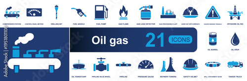 Oil and gas icon set. Containing compressor, drill bit, fuel pump, gas detector, plant, offshore rig, pipeline, refinery, oil barrel, tanker truck and more. Solid vector icons collection.