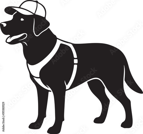 A black dog wearing a baseball cap and harness