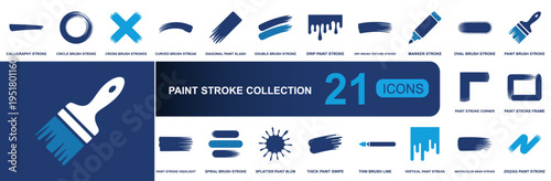Paint stroke collection icon set. Containing calligraphy, circle, cross, curved, marker, splatter, watercolor, zigzag, frame, corner, highlight and more. Solid vector icons collection.