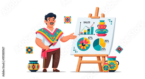 Empowered Latino entrepreneur presenting data-driven growth strategies for a cultural heritage and artisan crafts brand in the global marketplace