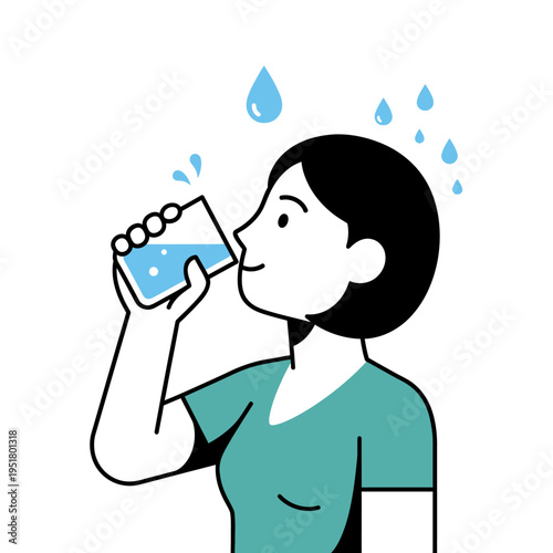 Woman drinking water from glass, refreshing, hydration, healthy lifestyle, cartoon style