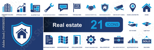 Real estate icon set. Containing apartment, appraisal, blueprint, for sale, insurance, security, key handover, mortgage, map, portfolio, sold sign and more. Solid vector icons collection.