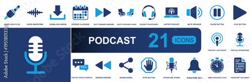 Podcast icon set. Containing audio jack, waveform, download, episode calendar, headphones, microphone, speaker, transcript, subscribe bell, timer and more. Solid vector icons collection.