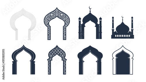 Collection of eight diverse Islamic arch and mosque silhouettes shows various architectural styles and intricate decorative patterns in dark blue.