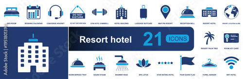 Resort hotel icon set. Containing booking, concierge, luggage, reception, room service, sauna, spa, wifi, key card, shower, palm tree and more. Solid vector icons collection for travel.