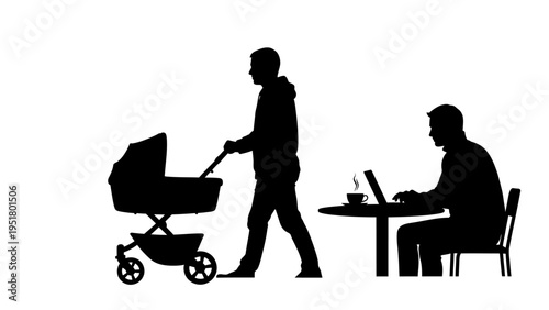 Silhouette of man pushing baby stroller, another man working on laptop, black icons