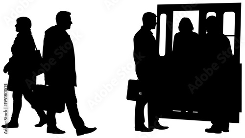 Silhouettes of business people commuting, walking, riding bus, office workers, daily travel