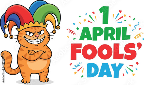 April Fools Day mischievous cat jester mascot banner for holiday humor campaigns party promotions seasonal social media and greeting cards