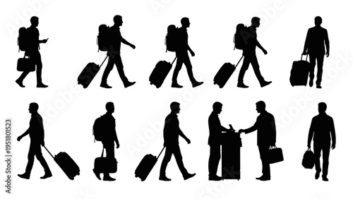 Travel, transportation, people icons, 12 silhouette graphics, luggage, suitcase, vector