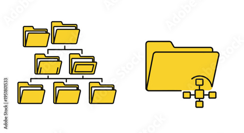 Yellow folder icons arranged in hierarchical and linear structures silhouette