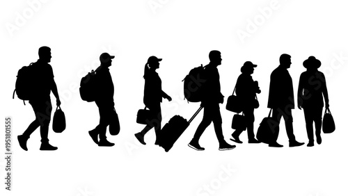 Travelers, tourists, people walking, silhouette icons, black vector graphics