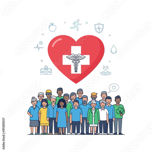 Diverse Group of People Under Red Heart Symbol with Medical Caduceus and Health Icons