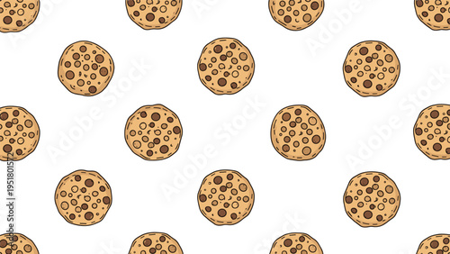 Delicious seamless pattern showcasing an array of classic chocolate chip cookies, perfect for bakery, dessert, or sweet treat themed designs.