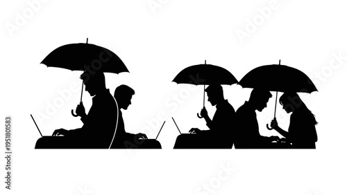 People working on laptops under umbrellas, silhouette icons, office workers, rainy day, remote work
