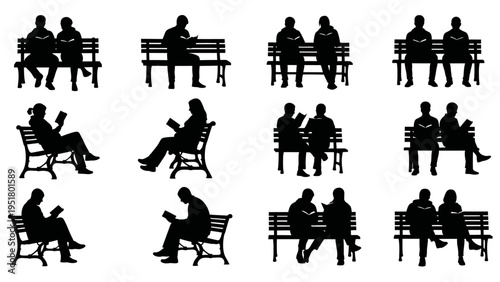 Black silhouette people sitting on benches, couple and group socializing, urban park