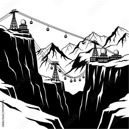 Mountain cable car system connecting peaks with towers and cabins.