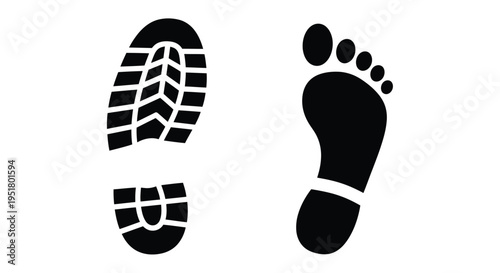 Black footprints of a shoe and bare foot simple silhouette