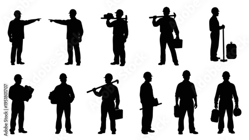 Businessman silhouettes, travel and work icons, black vector graphics, office worker illustrations
