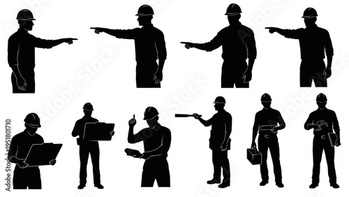 Silhouette icons of workers, laborers, and professionals, 10 black vector graphics, pointing, holding tools