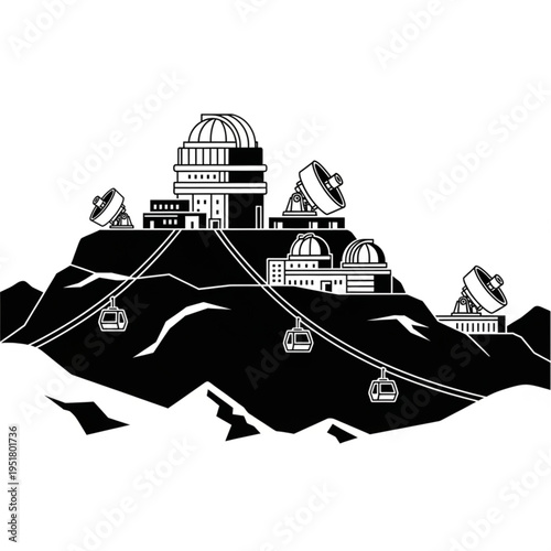 Mountain Observatory Complex with Gondola Lifts in Black and White.