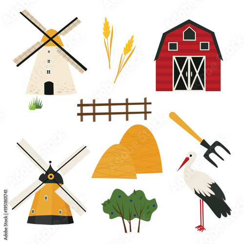 Set of vector illustrations of the village of Meltsy, hay, and a stork